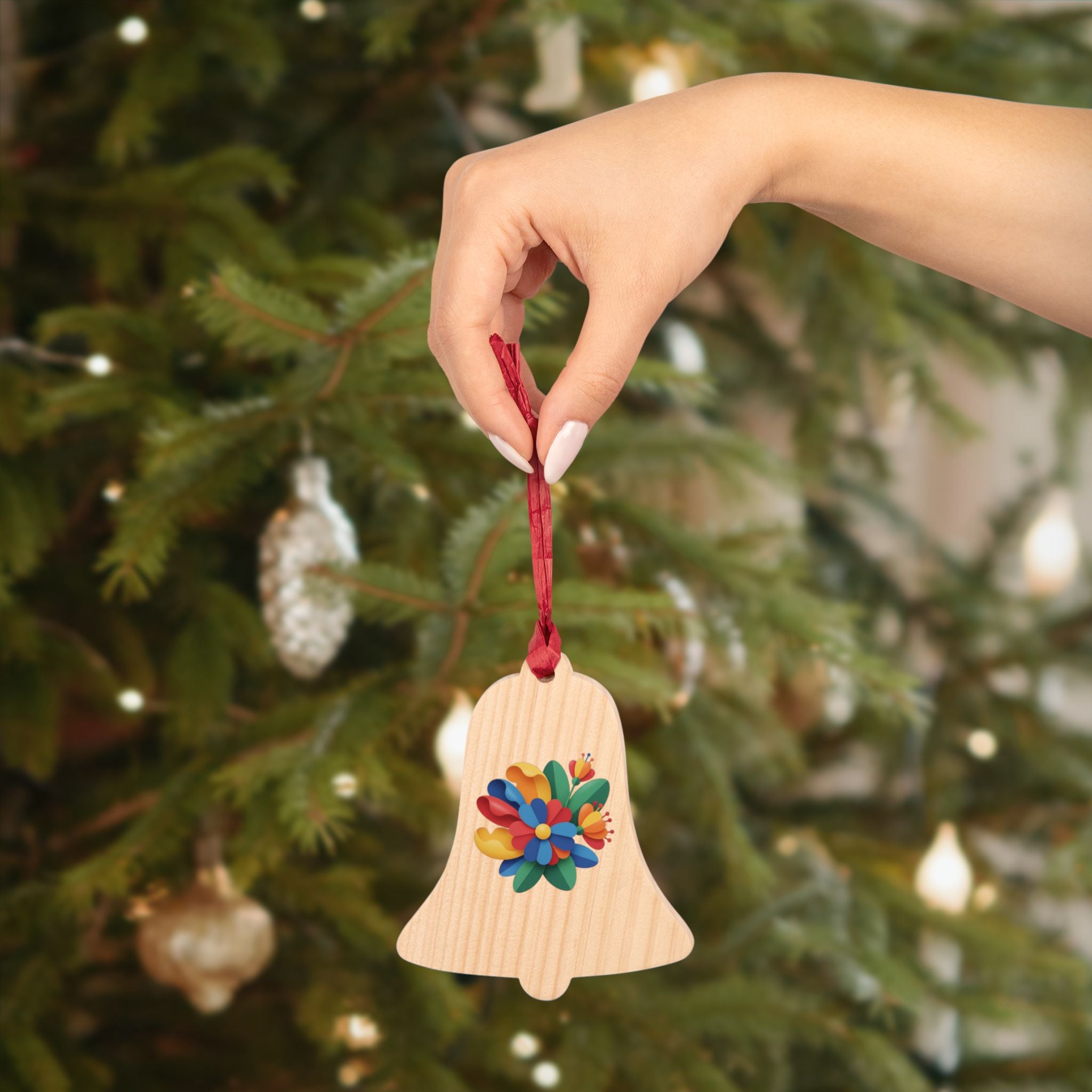 Bell Wooden Ornament with Colorful Floral Decal — Rustic Christmas Tree Decoration