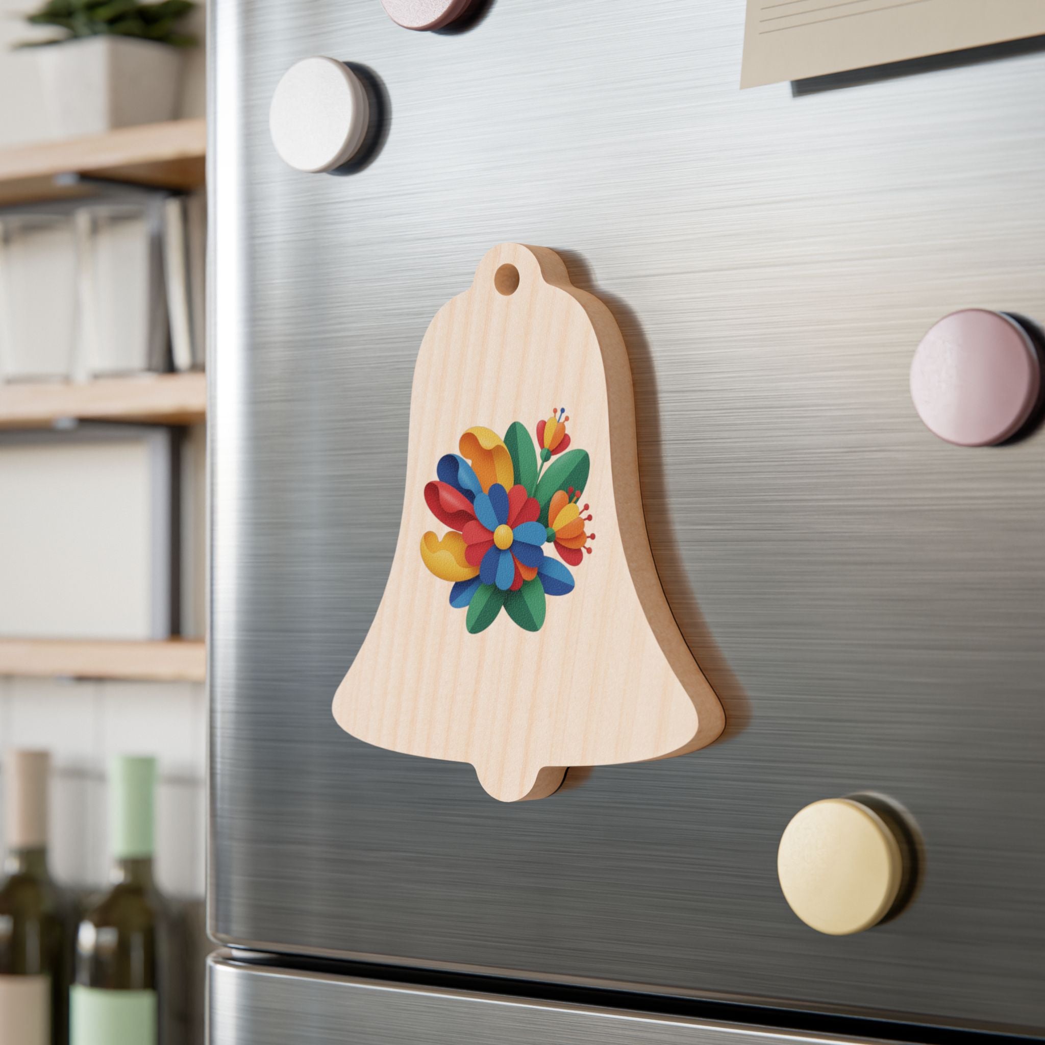 Bell Wooden Ornament with Colorful Floral Decal — Rustic Christmas Tree Decoration