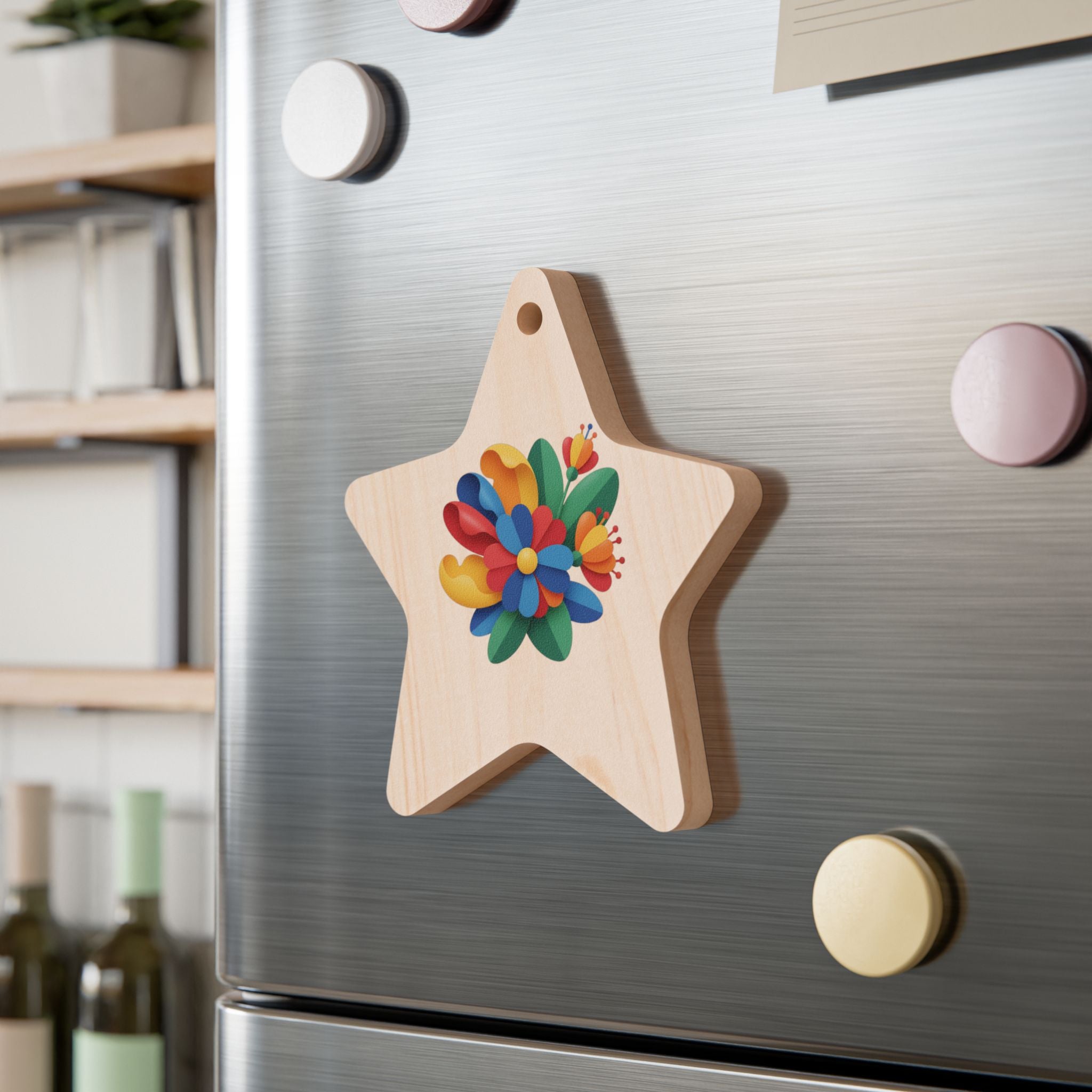 Bell Wooden Ornament with Colorful Floral Decal — Rustic Christmas Tree Decoration